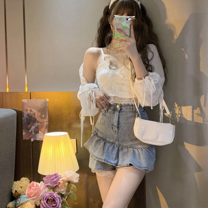 Sweet Camisole Sets Women Skinny Sexy Crop Jackets Simple Pure All-match Lace Korean Style Summer Sun-proof Ladies Bandage Chic