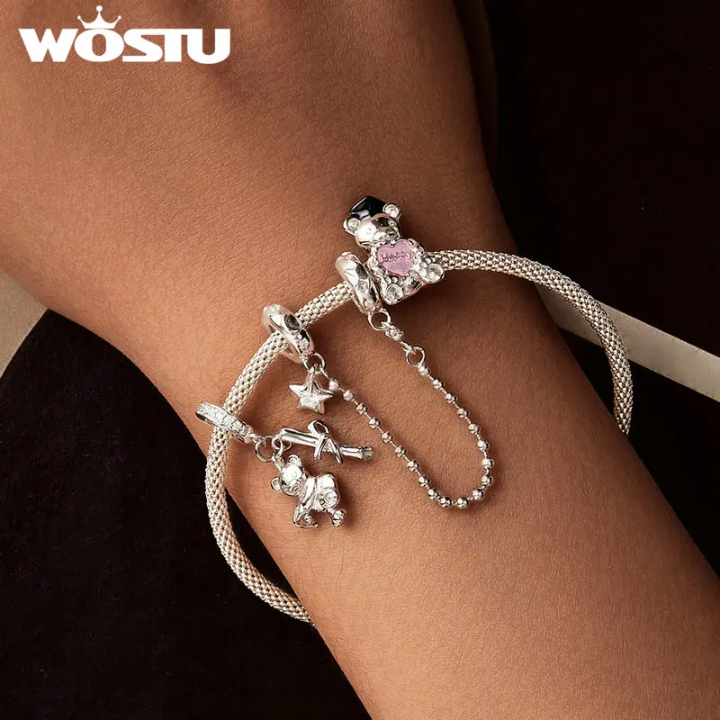 WOSTU 925 Sterling Silver Graduation Student Gift Happy Pink Bear Charms Bead mortarboard Pendant  Fit DIY Bracelet Necklace