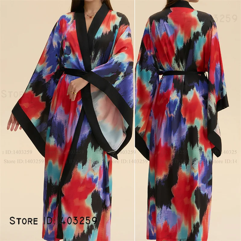 

Plus Size Female Long Robe Nightgown Novelty Print Tie-Dye Sleepwear Kimono Gown Bathrobe Loose Rayon Home Dress Lounge Wear