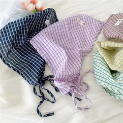 Cotton and Linen Triangle Scarves Scarf Plaid Bandanas Turban with Strap Rope Spring Summer Autumn Head Wrap Headscarf for Women