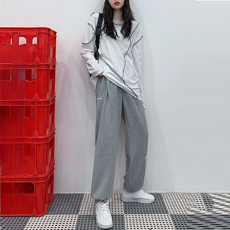 Womens High Waist Gray Fleece Sweatpants Fall Winter Drape Wide Leg Elastic Cuffed Slim Fit Casual Joggers Chic