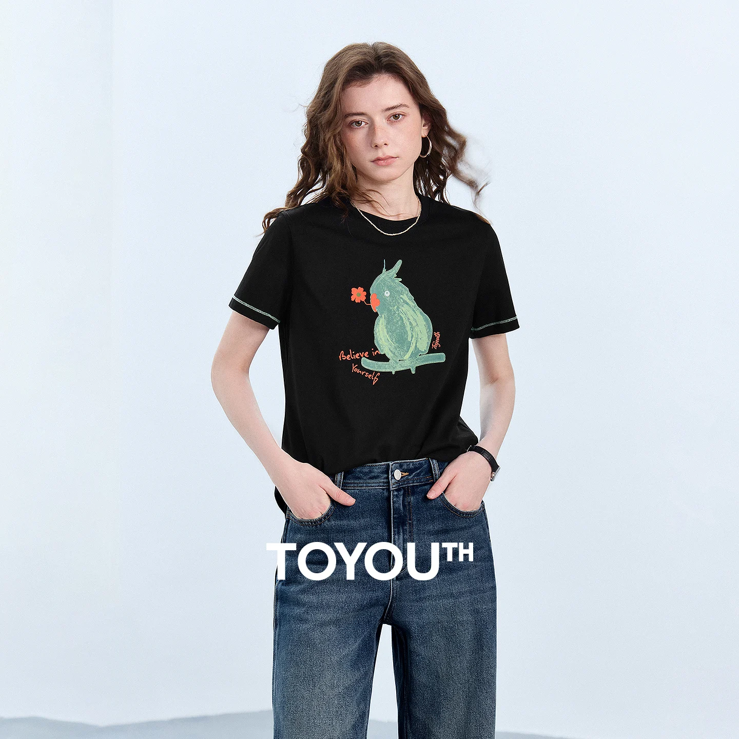TOYOUTH Women Short Sleeve T-Shirt 2026 Summer New Parrot Printed 100% Cotton Color Block Pullover Tops