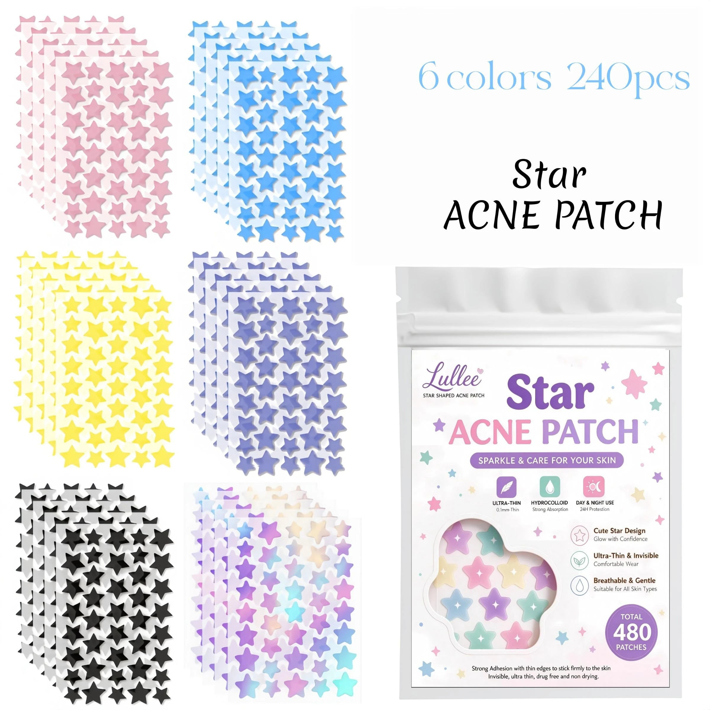 240pcs Colorful Star Pimple Patch Hydrocolloid Acne Patches Cute Star Shape Blemish Cover Sticker Ultra Thin Waterproof Facial