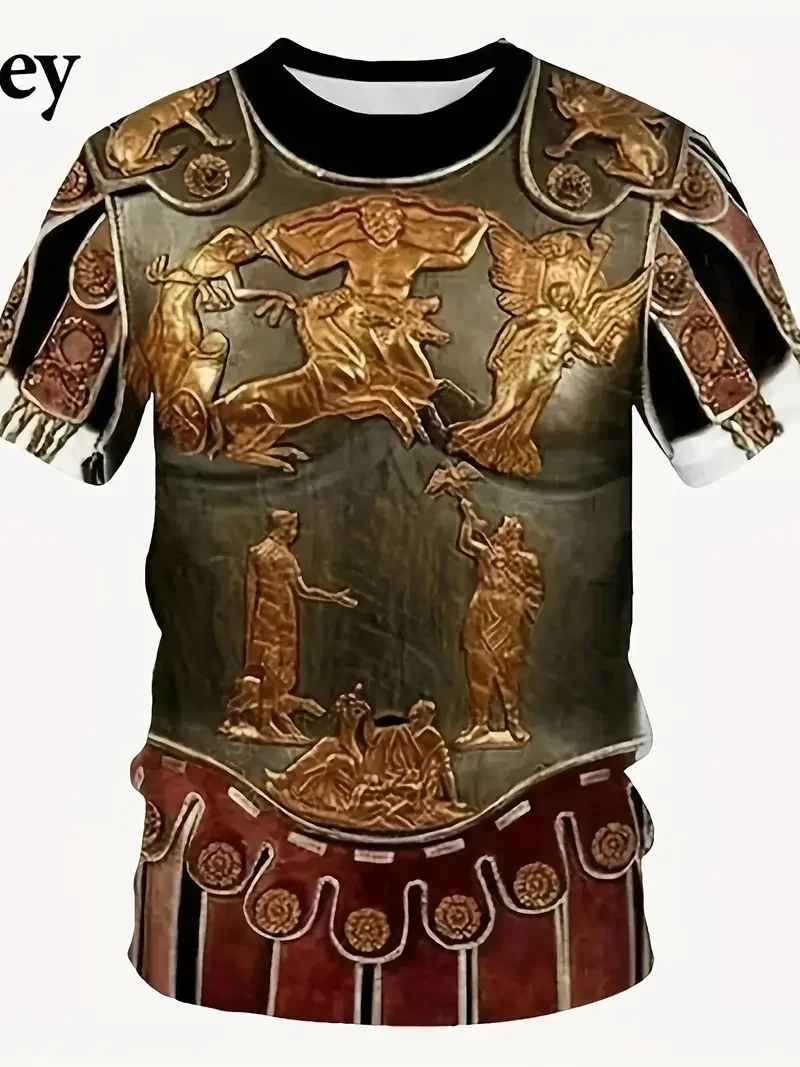 Summer Retro Classic 3D Printed Medieval Armor Fashionable and Personalized Street Men's Clothing Short Sleeve High-Quality