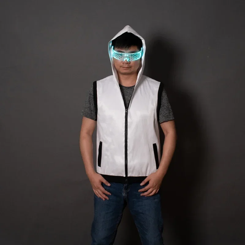 LED Light Up Optical Men Jacket Hoodie Vest Coat Luminous Rave Costume Party Nightclub DJ Stage Dance Wear Fancy Circus Show