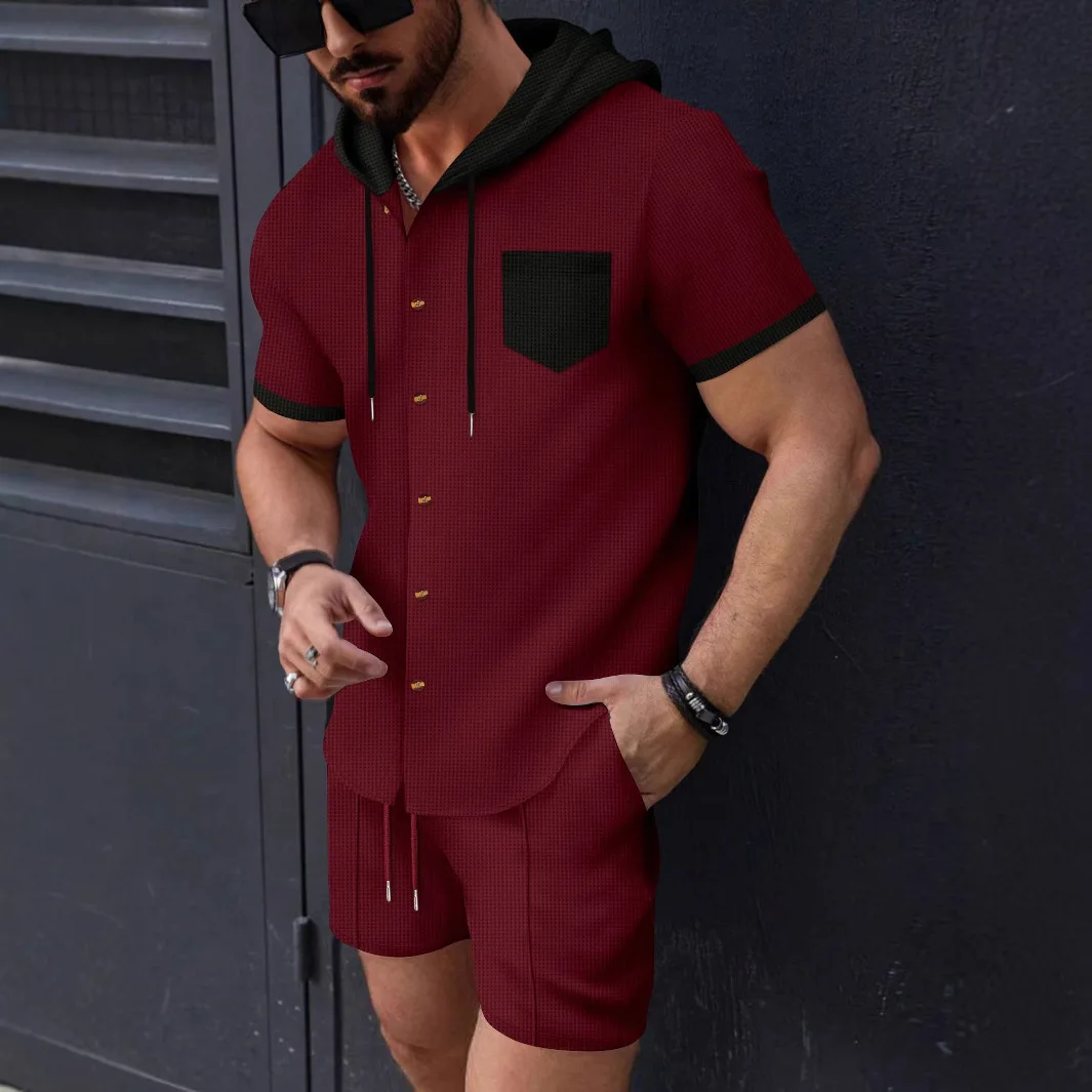 New men's hooded two-piece short-sleeved cardigan set, high-end waffle checkered casual jacket and shorts street sportswear set