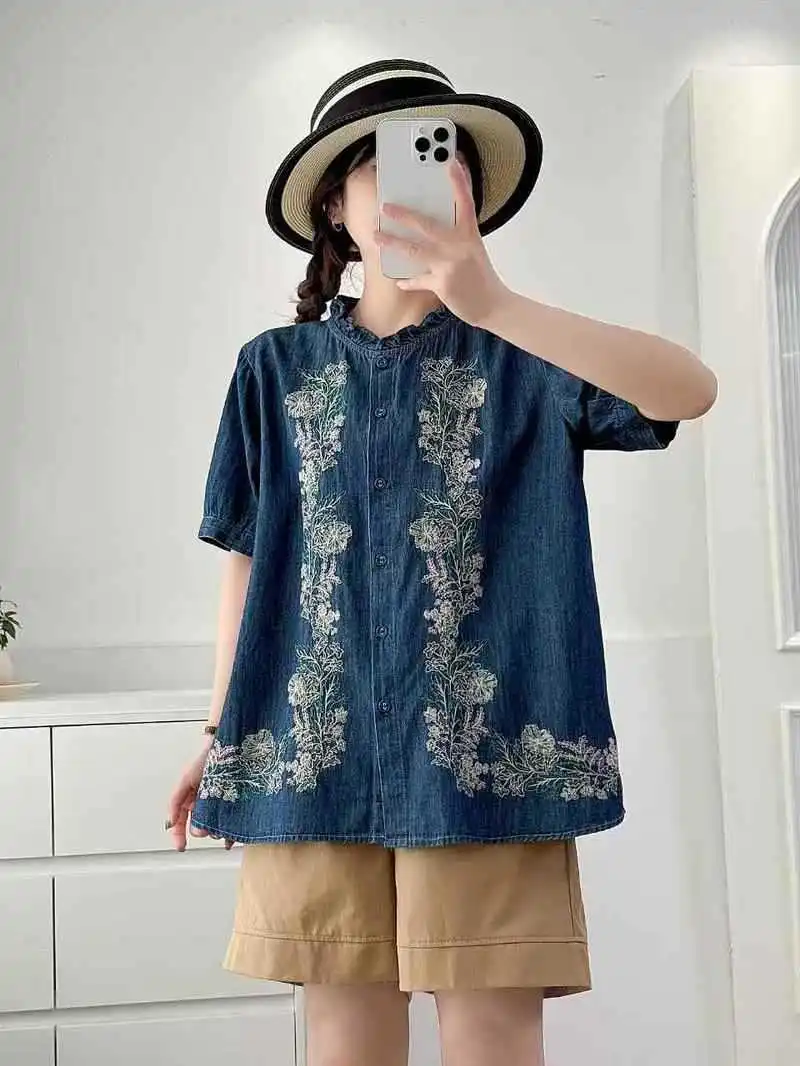 Summer New Japanese Vintage Ethnic Style Embroidery Denim Shirts Women Stand Collar Short Sleeve Casual Loose Blouse Tops
