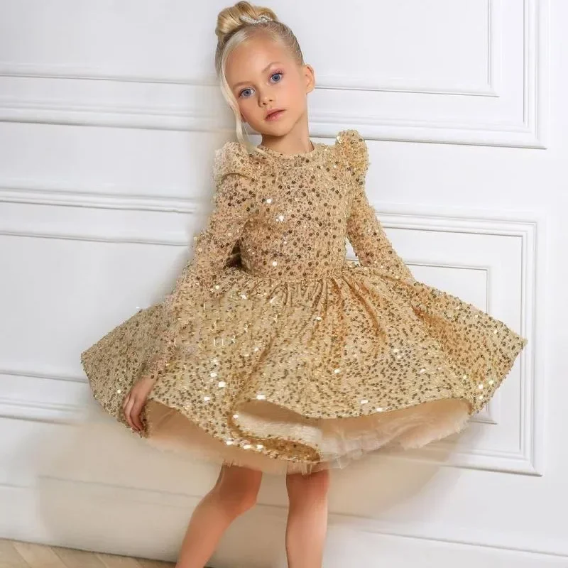 June 1 Children\'s Golden Dress Princess Dress Girl Baby\'s First Birthday Banquet Girls Piano Walk Show Costume