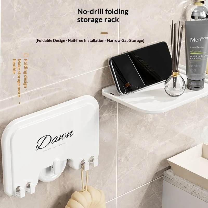 N$ Foldable No Drill Wall Storage Shelf With Hooks For Bathroom Kitchen Holding Toiletries Phone Small Items