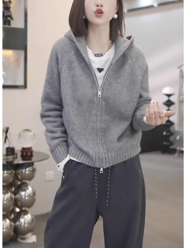대형 사이즈 지퍼 후드 니트 스웨터 여성 봄 가을 이너웨어 슬림핏 다용도 루즈 아우터웨어 탑