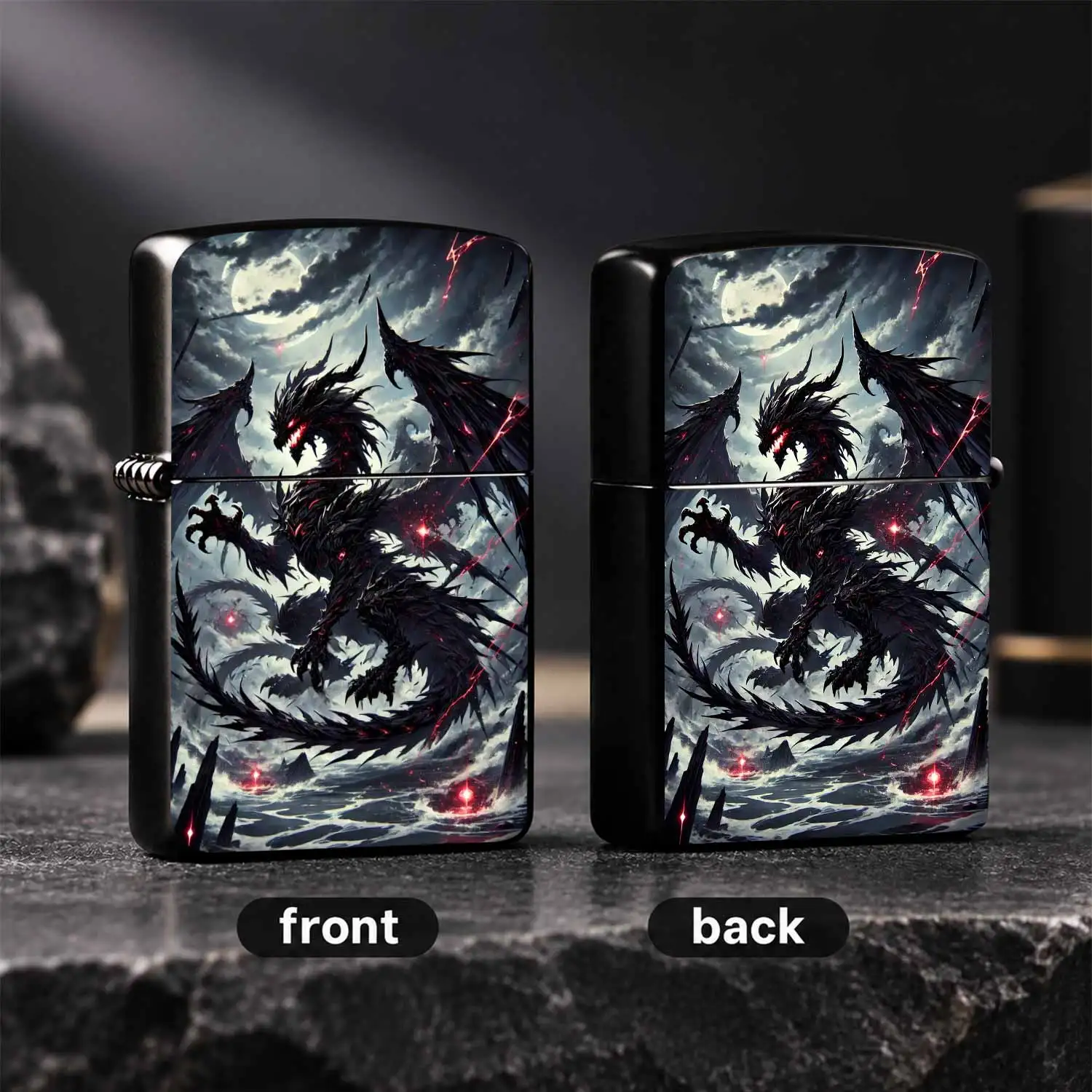 Vintage Dark Shadow Dragon Print Lighter, Cool Full Moon Night Evil Dragon Pattern PORTABLE Windproof Lighters, Exquisite Collectible Igniter For Men, Ideal Gift For Smokers Daily Use Outdoor Travel A fun and humorous lighter