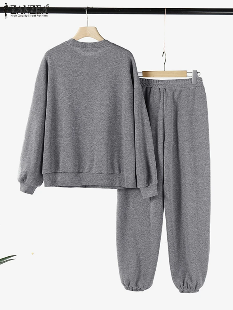 ZANZEA Long Sleeve Sweatshirt Autumn 2pcs Sets Loose Elastic Waist Sweatpant Women Solid Tracksuits Streetwear Casual Pant Sets