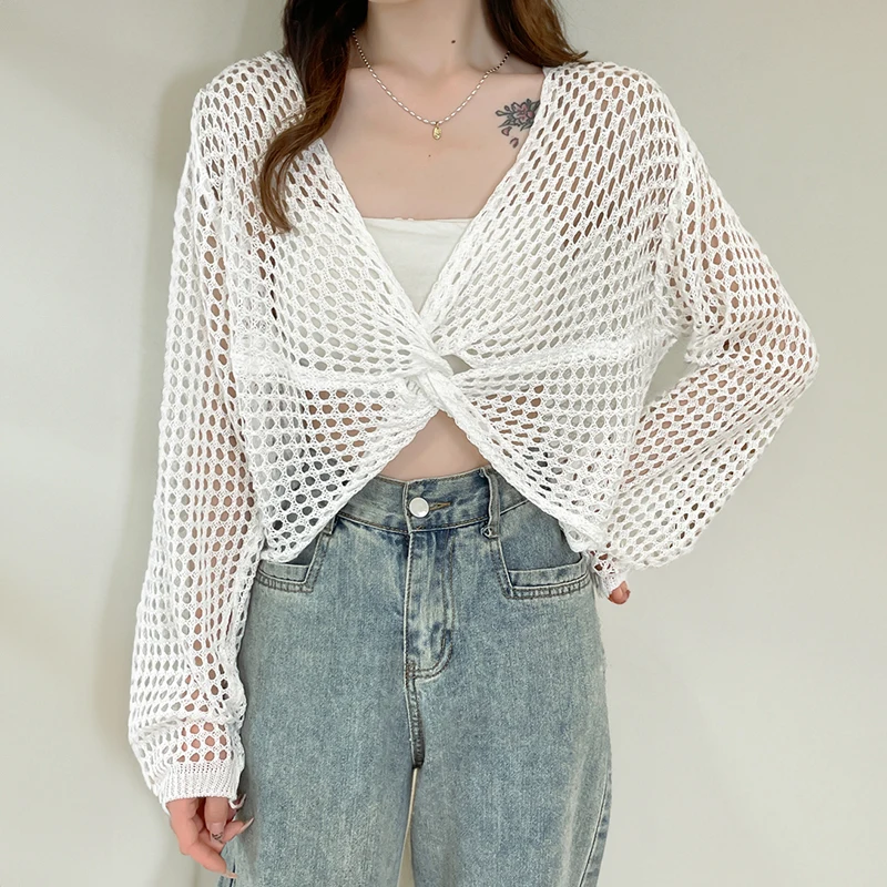 Twist Front Crochet Top Long Sleeve Cover-up Open-knit Crop Cardigan for Women Spring Summer Vacation Boho Beach Outfit