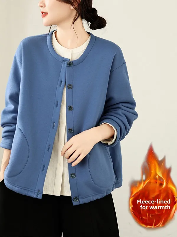 Thickened Fleece Women's Jacket round Neck Short Top Pure Color Sweatshirt Cardigan Autumn New Style Ladies Fashion Outerwear