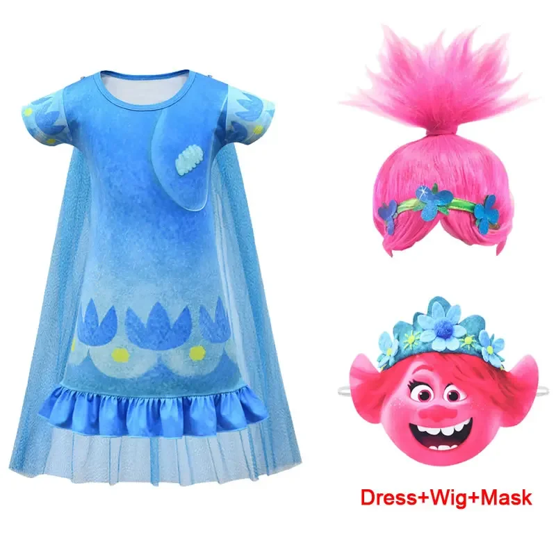 Trolls 2 Costume For Girl Dress Summer Halloween Kid Poppy Lace Princess Party Frock Child Up Disguise Cosplay Tunic Cloth Wig 8