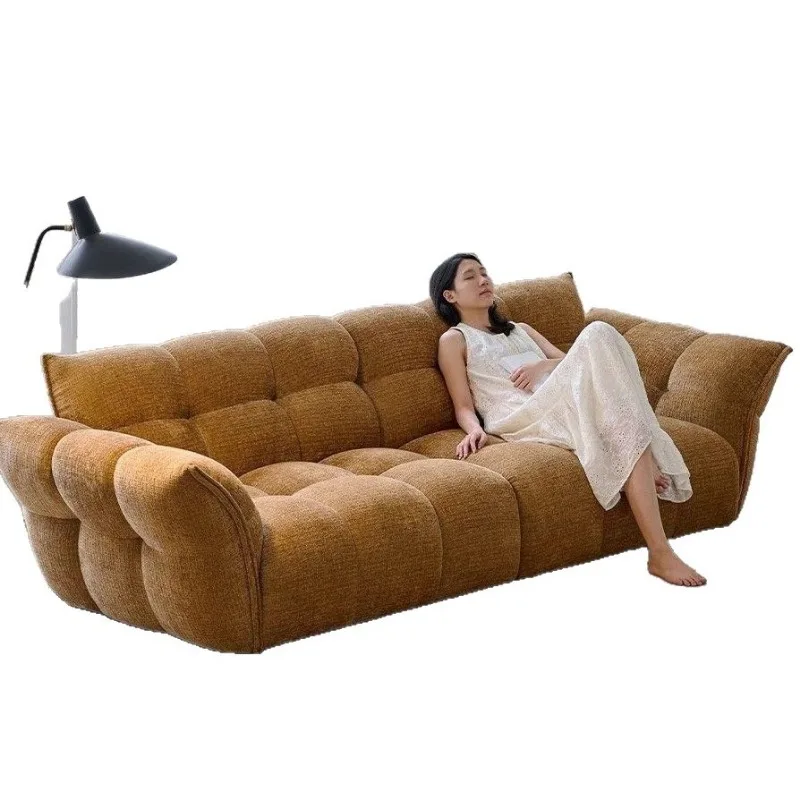 French cream lily petal chenille fabric sofa, Nordic modern small apartment lamb wool sofa in the living room