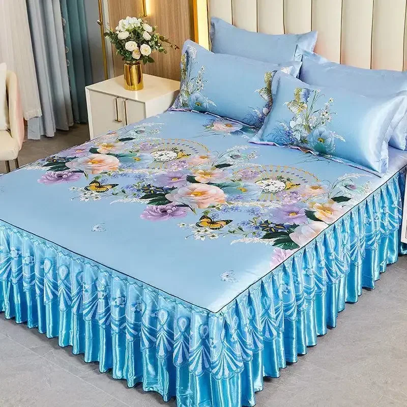 3Pcs/Lot Double Bed Sheet Set Classic Lace Royal Blue Bed Sheet Bed Skirt, Machine Washable Wedding Bedspread Mattress Cover