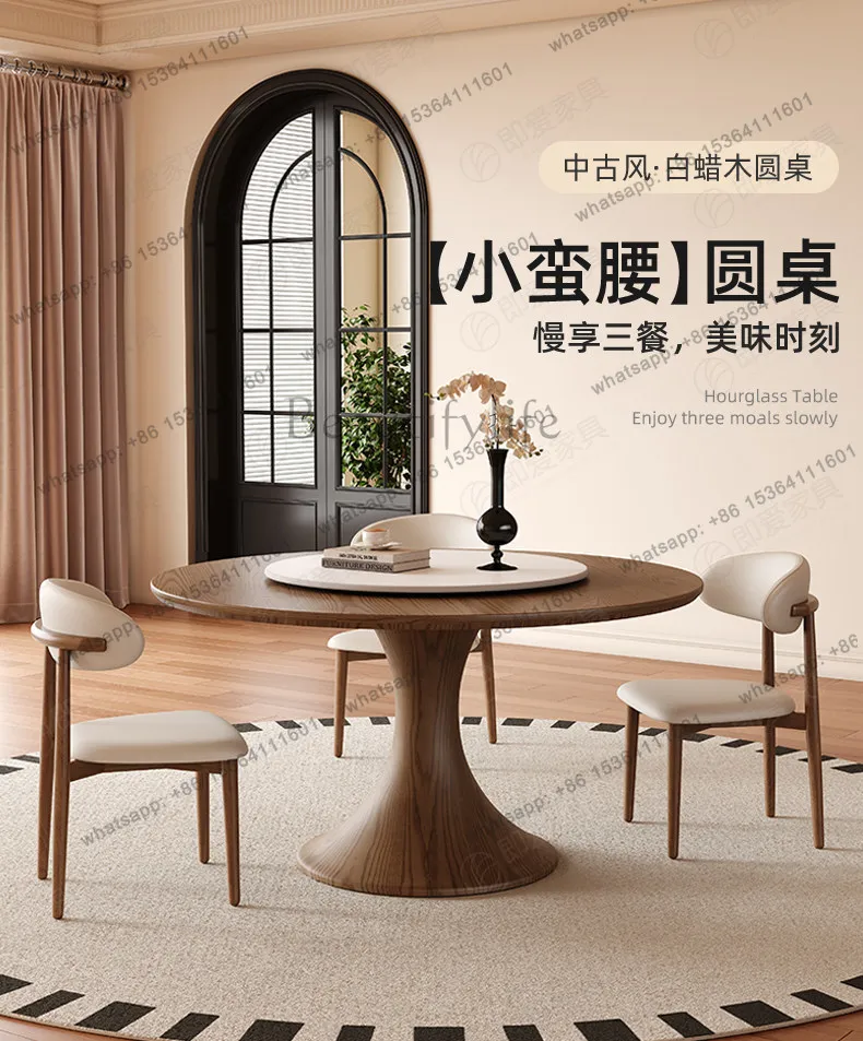 Medieval solid wood dining table with turntable Small apartment full support High-end Italian retro style round table
