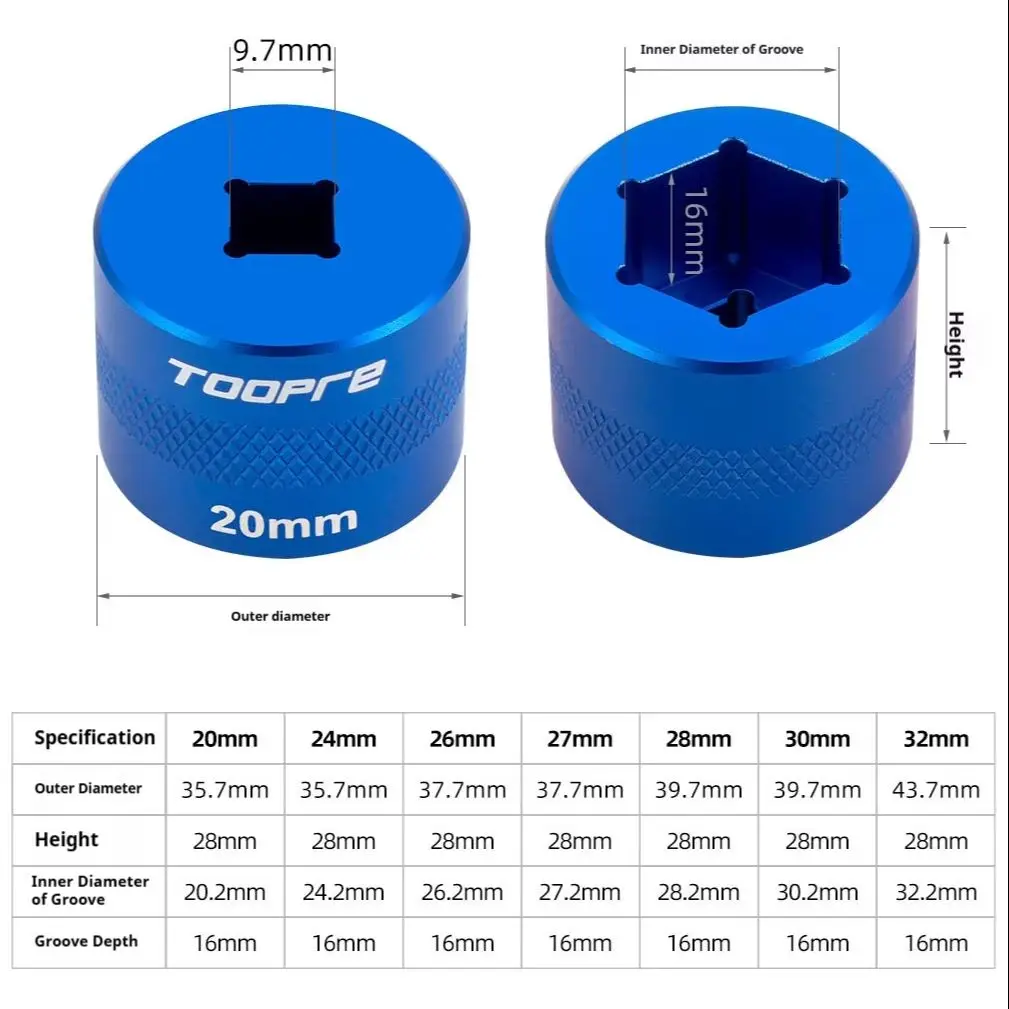 TOOPRE Bicycle Suspension Fork Crown Cap Socket Wrench 20/24/26/27/28/30/32mm MTB Air Fork Top Cap Repair Tool for FOX Rockshox. view 6
