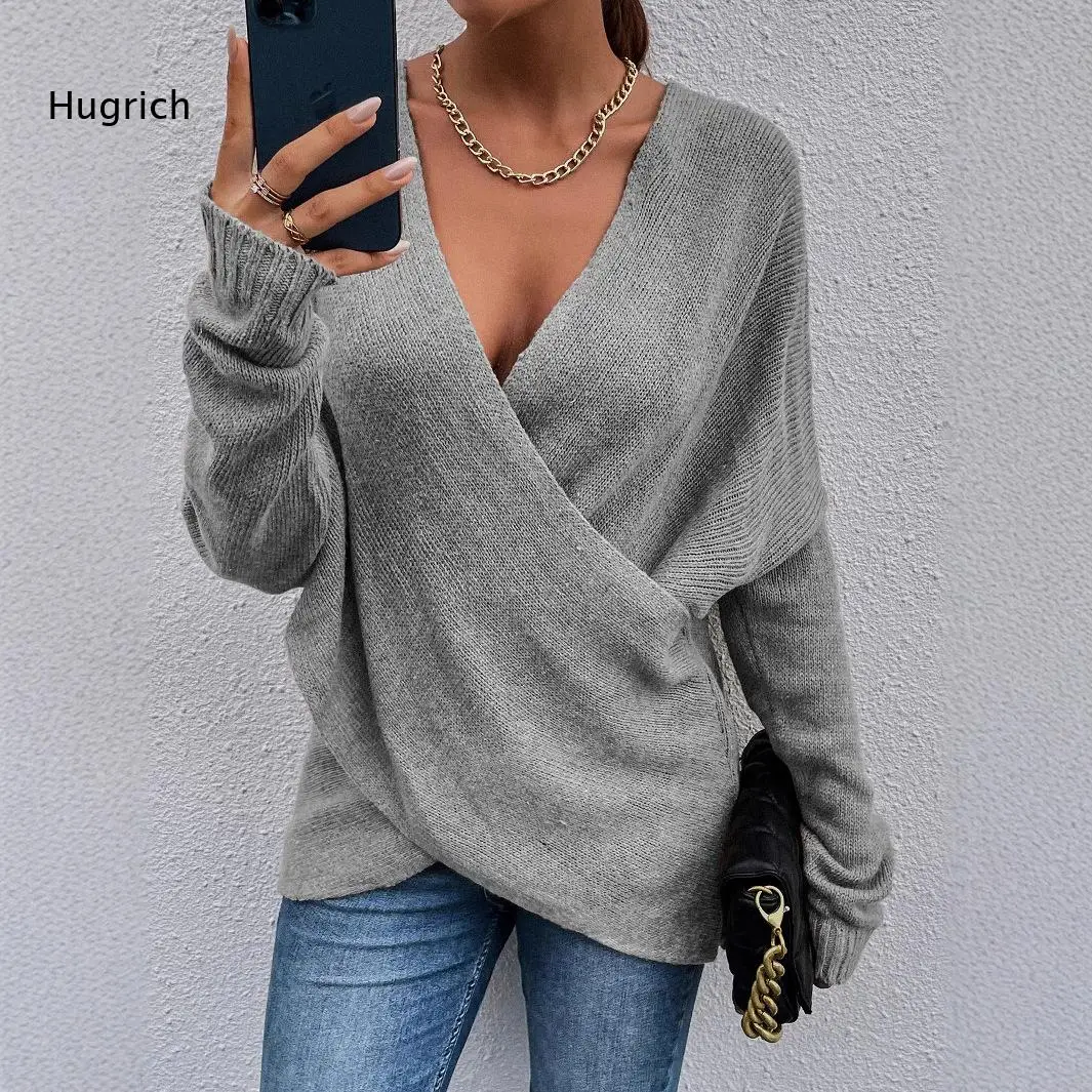 Stylish Burgundy Knit Top Women Deep V Neck Cross Detail Long Sleeve Loose Cut Breathable Material Casual Office Loungewear