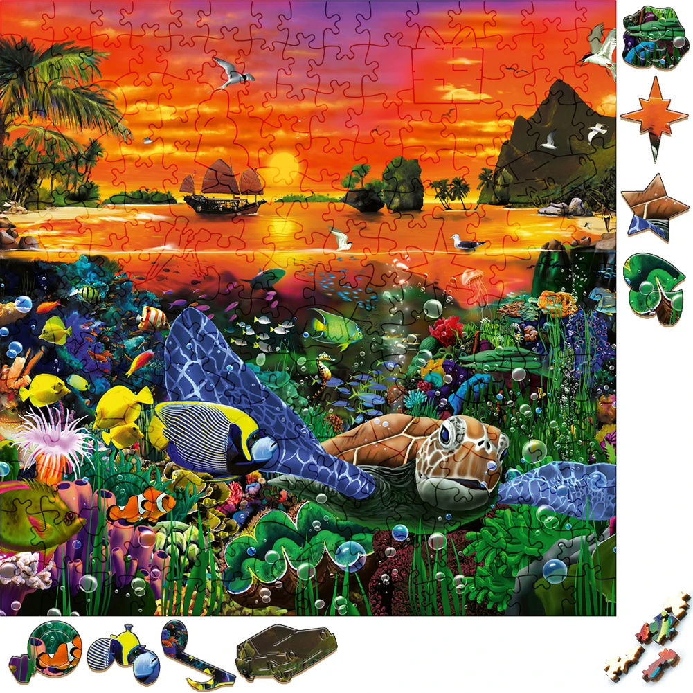 Creative Wooden Puzzle Marine Animals At Sunset Funny Toy Animal Wood Puzzles Smart Games Shaped Jigsaw Puzzle Best Gift For Kid