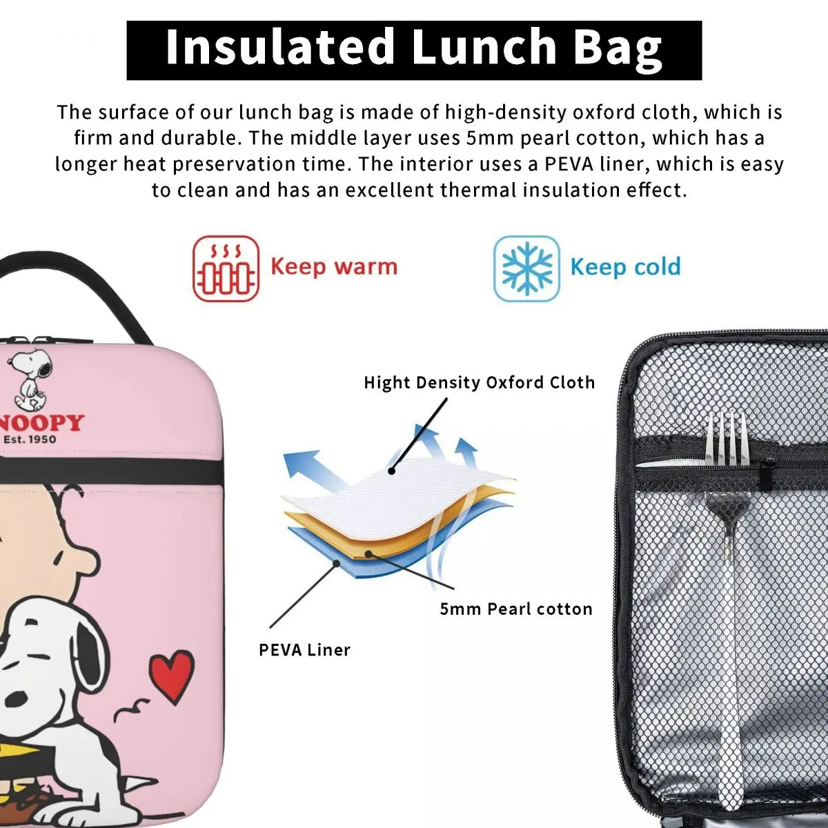 Kdlloo Snoopy Food Bags Peanuts Snoopy For Boy Girl All Season Hiking Hand Bag Leakproof Insulated