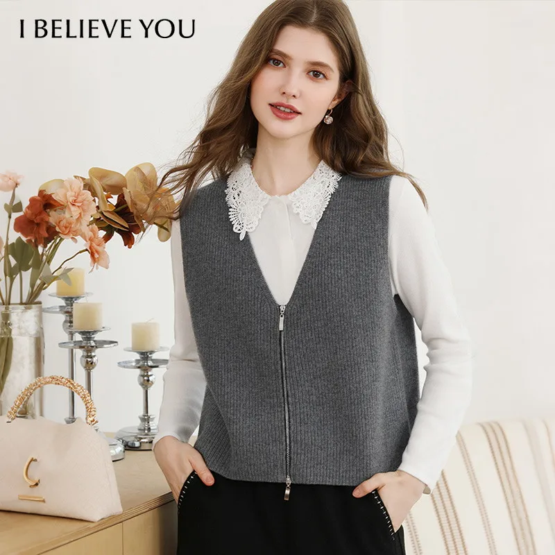 I BELIEVE YOU 100% Wool Knit Vests 2026 Autumn Grey Zip Up Sleeveless Cardigan Casual Tank Top Commuter Waistcoat 2263106415