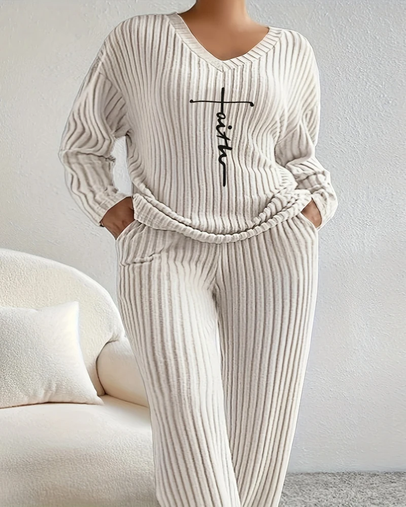 

Long Sleeved V-Neck Printed Top+Pit Stripe Solid Color Long Pants Loose Suit 2025 Autumn Winter Spring New Fashion Casual