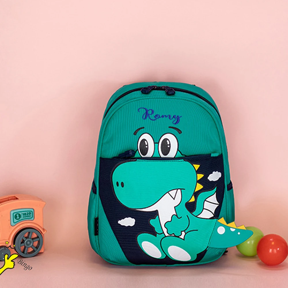 Mochila bonito e leve para crianças pequenas, meninos e meninas, escola, nome bordado, dinossauros