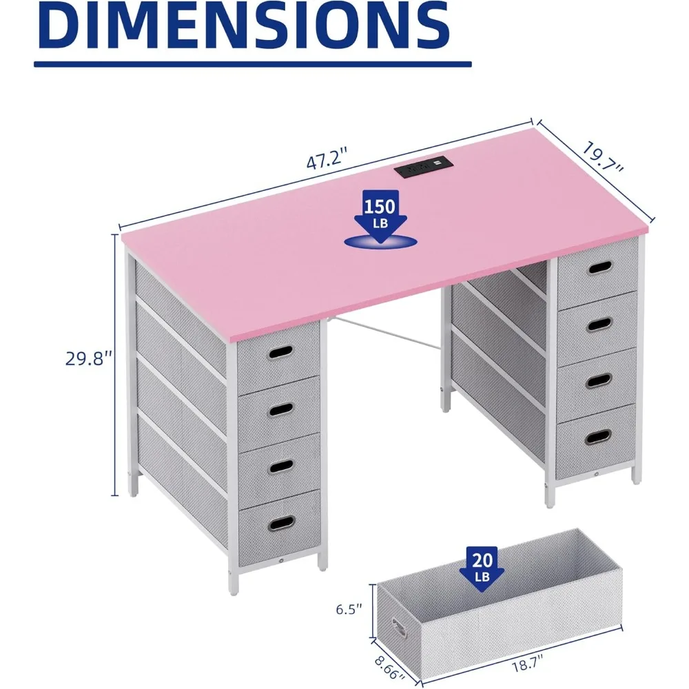 مكتب كمبيوتر للألعاب مقاس 47 بوصة مع 8 أدراج قماشية، وطاولة كتابة للدراسة في المكتب المنزلي لغرفة النوم، ومكتب كمبيوتر وردي مع مساحة تخزين #3