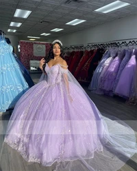 ANGELSBRDEP Lilac Off-shoulder Quinceanera Dresses With Cape Glitter Tulle Applique Beading Masquerade Party Vestidos De 15 Anos