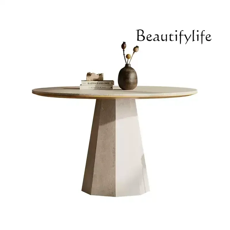 

Travertine round dining table new restaurant Italian high-end full rock slab round table designer dining table