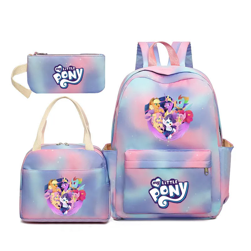 Kawaii Miniso My Little Pony Plecak Gradientowy Kolor Dzieci Trzyczęściowy Zestaw Piękna Moda Anime Figurka Prezent Festiwalowy