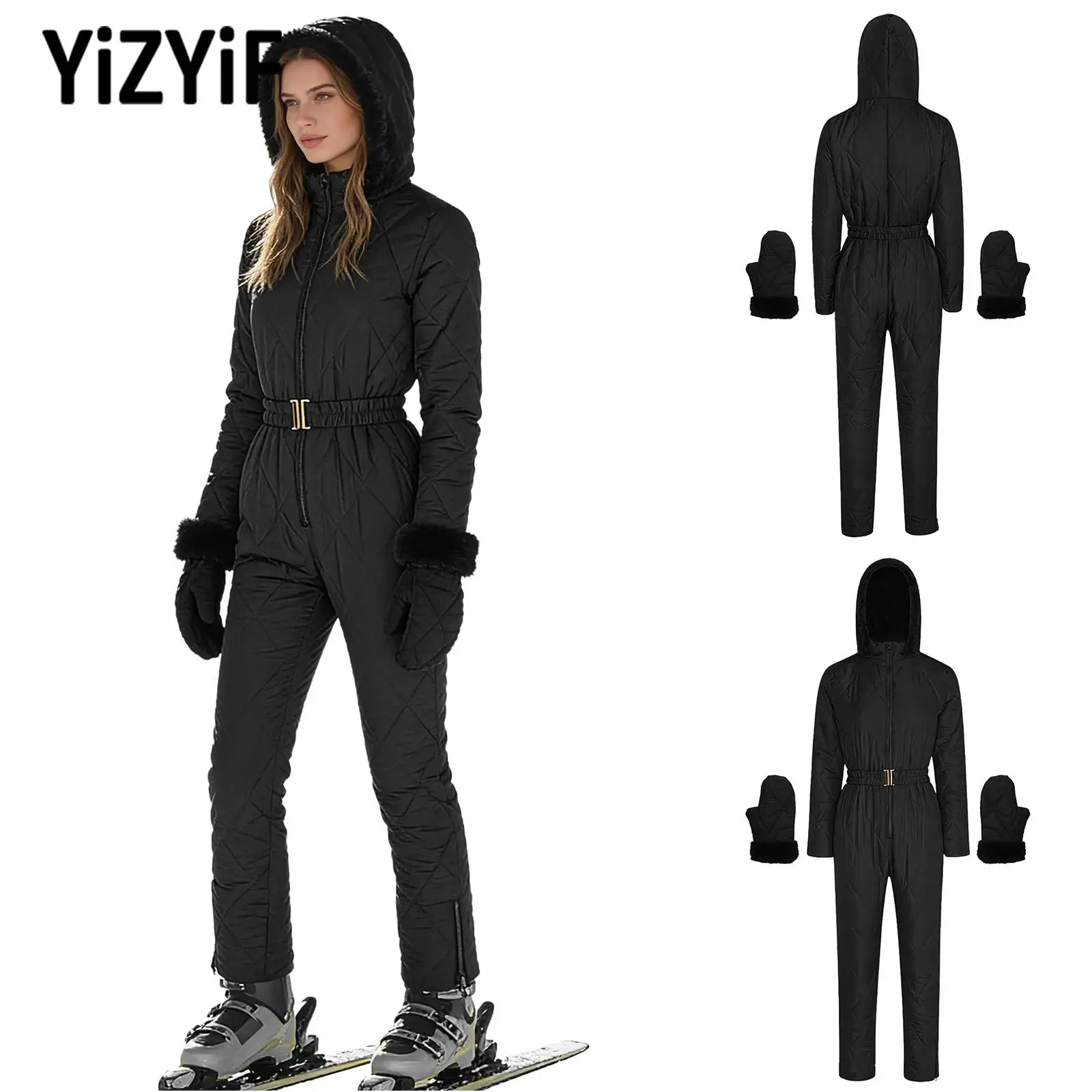 

Женский лыжный костюм для активного отдыха, осенне-зимняя спортивная одежда, комбинезон с длинными рукавами, на молнии, с капюшоном, утепленный, с поясом и перчатками