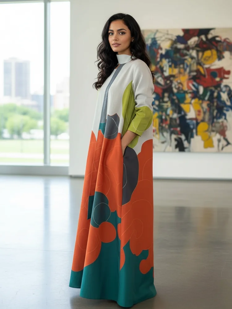 Freeacy 2025 Spring Stylish Dress for Women Contrast Color Long Sleeves Loose Fit Maxi Dress with Scarf Casual Party Dresses