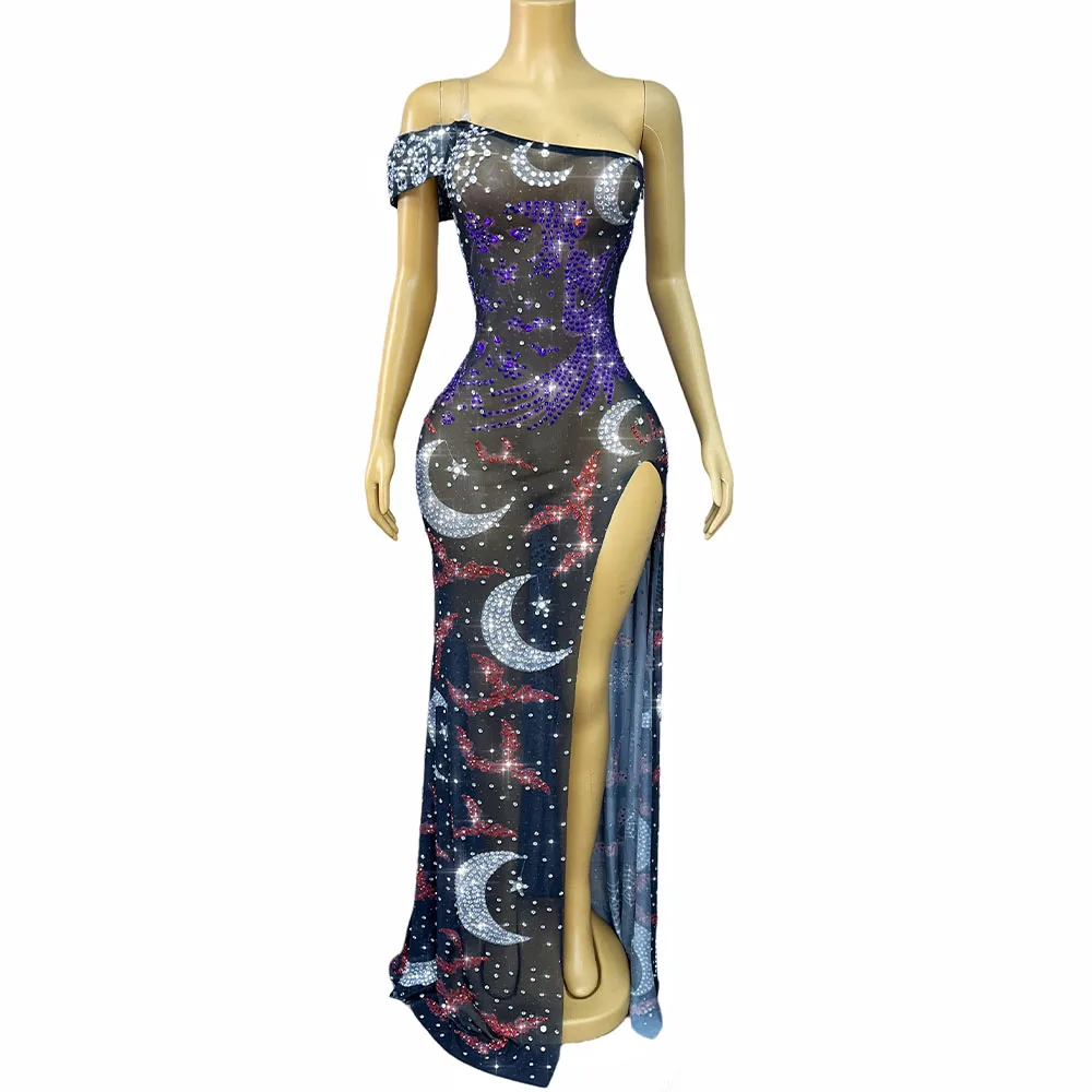 

Luxurious Halloween Element Shining Rhinestones Off-the-shoulder High split Dress Birthday Celebrate Show Gowns Stage Wear
