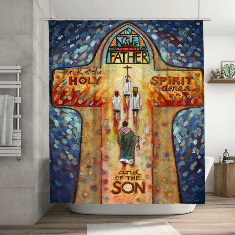 

Abstract Religious Art Shower Curtain Cross Design with Holy Spirit and Son Figures Perfect for Bath Decoration