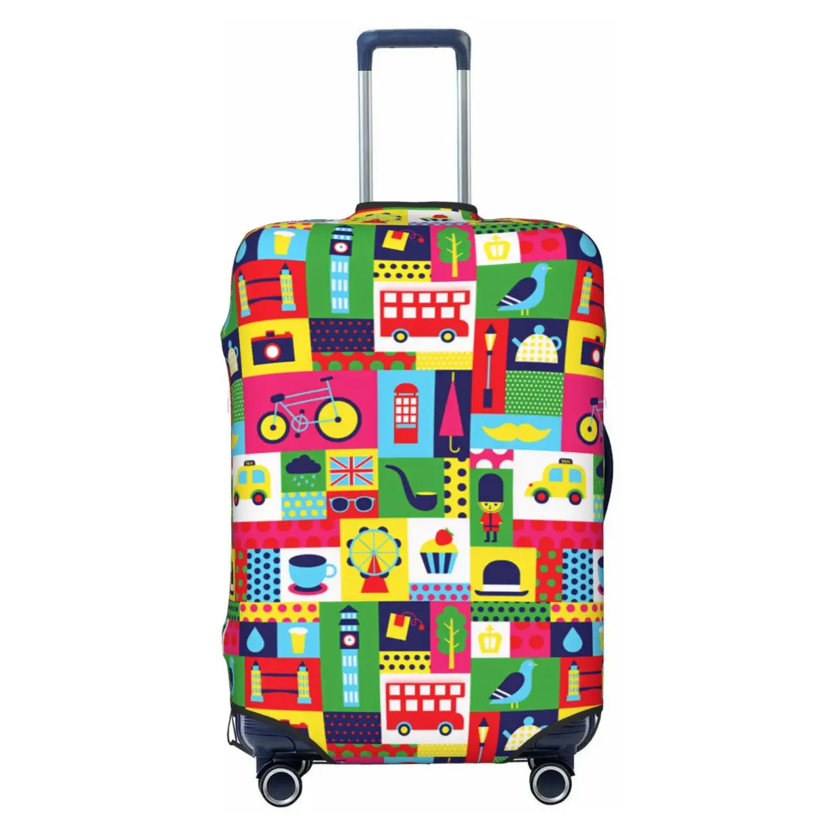 Cute Geometric Bright Pastel London UK Travel Patchwork Luggage Cover Protector Elastic Travel Suitcase Covers