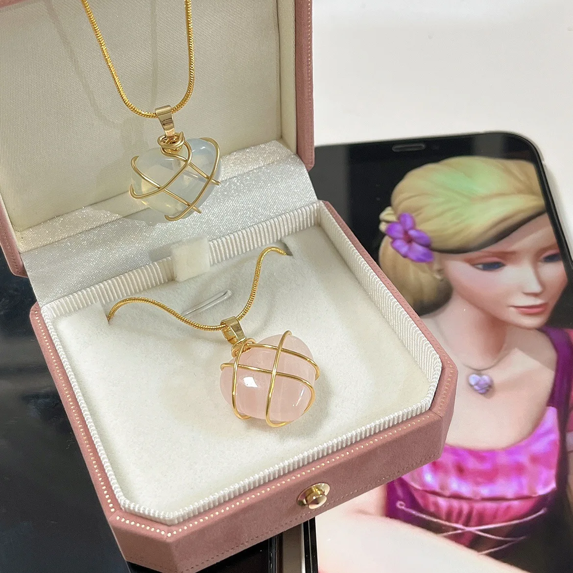 Japan South Korea Summer New Girl Heart Powder Crystal Opal Niche Ins Girlfriends Gift Barbie Necklace Cute Costume Props