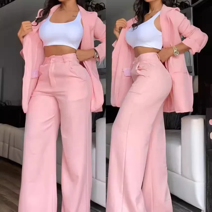 Women Pant Sets Two Piece Set Pants Turn Down Collar Single Breasted Tracksuit Outerwear Ankle Length Straight Pockets Loose