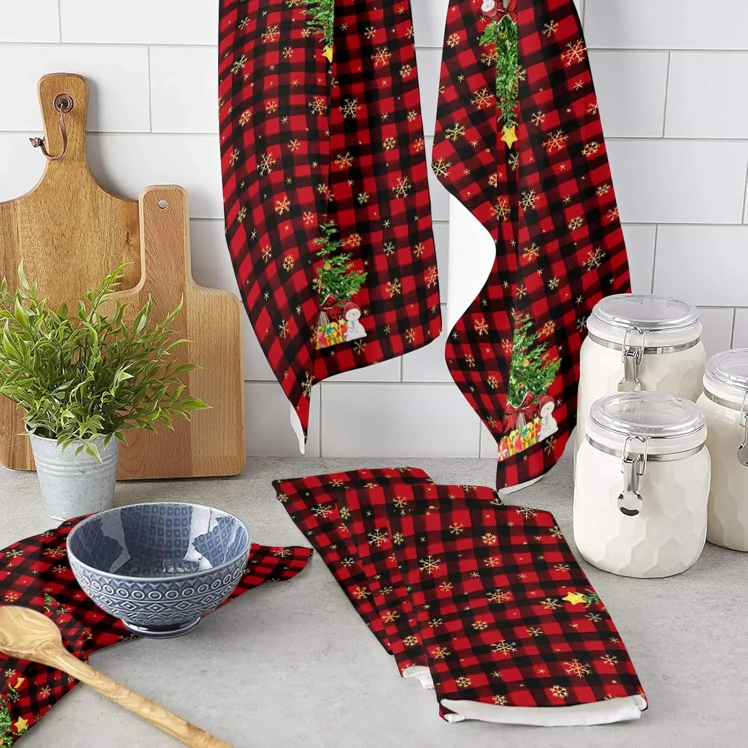 Christmas Tree Snowman Golden Snowflake Plaid Red Dish Towel Kitchen Supplies Absorbent Bar Hand Dishcloths Navidad Decorations