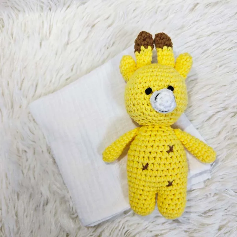 Hand crocheted yellow deer plush doll baby soothing toy with security blanket
