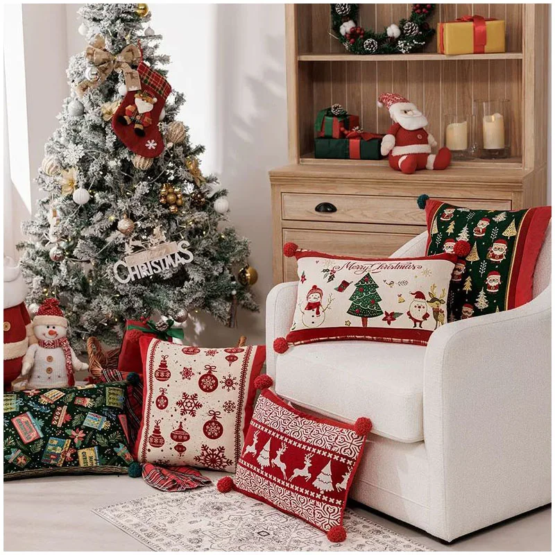 

2025 Jacquard Yarn-dyed Christmas Cushion Cover Cartoon Elk Snowflake Embroidered Throw Pillow Cover Festival Pillows Decor Home