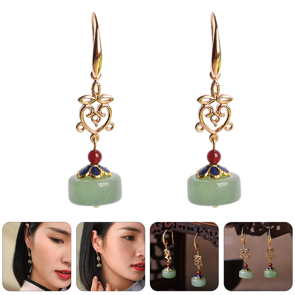 

Style Long Earrings National Heart Hoop Decorative Accessory Jewelry Retro Heart-shaped Pendant Jade