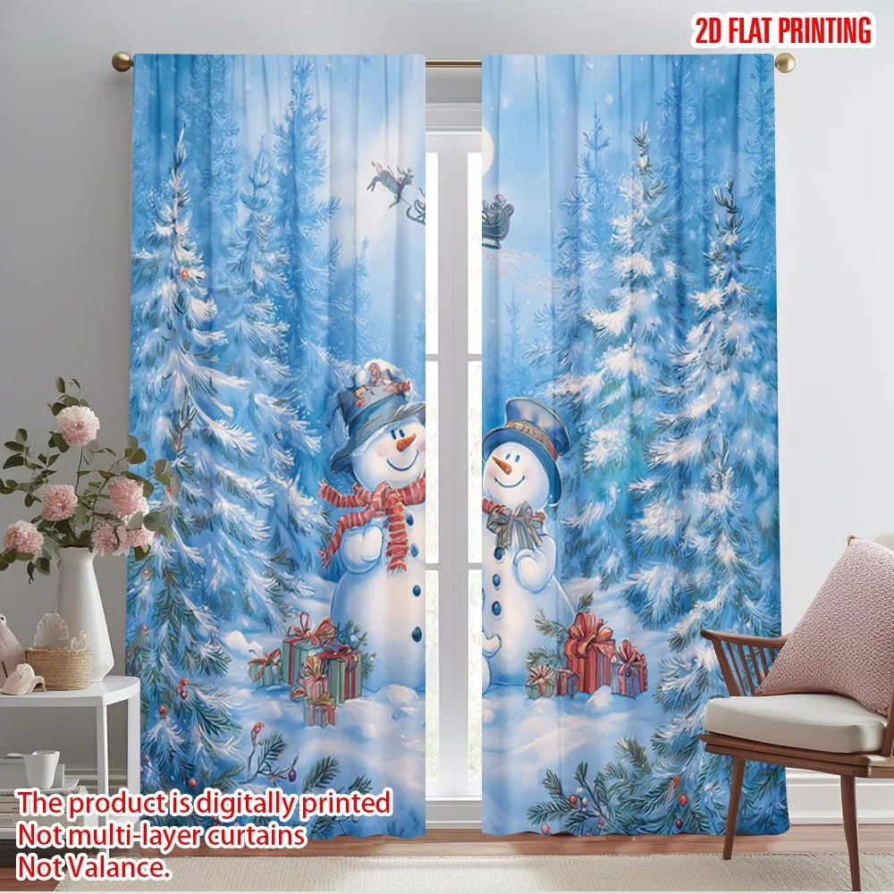2pcs,2D plane printing Popular Curtain Panels Xmas Tree Santa Sleigh Snowy Forest Versatile Polyester (without rod) Decorations