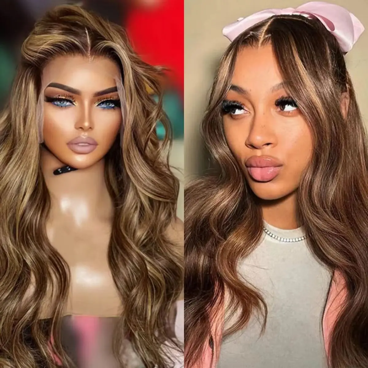 

24 Inches Chestnut Brown Highlights Synthetic Lace Top Wigs Deep Wave Human Hair Blend Synthetic Fiber Heat Resistant Fiber