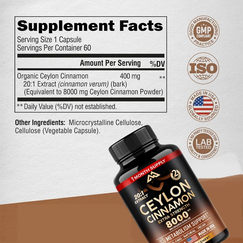 Ceylon Cinnamon 60 Vegetarian Capsules -8000 milligrams, extra strength energy, heart and metabolism support 20:1 supplement