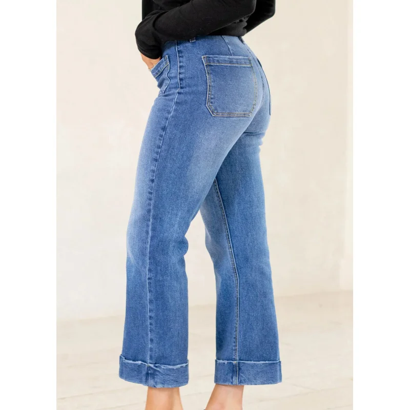 New Women's Fashion Rolled Hem Flared Cropped Jeans Washed Stretch Pants