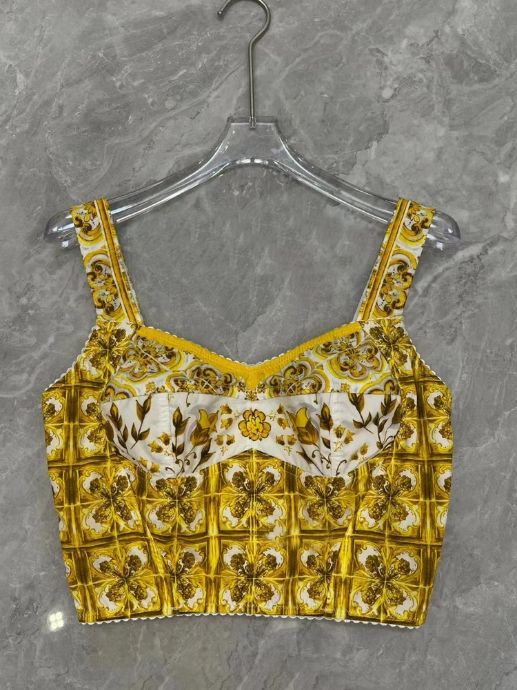 AELESEEN Women Sicilian 2 Pieces Set Design Fashion 100% Cotton Spaghetti Strap Crop Top + Mini Skrit Yellow Flower Print