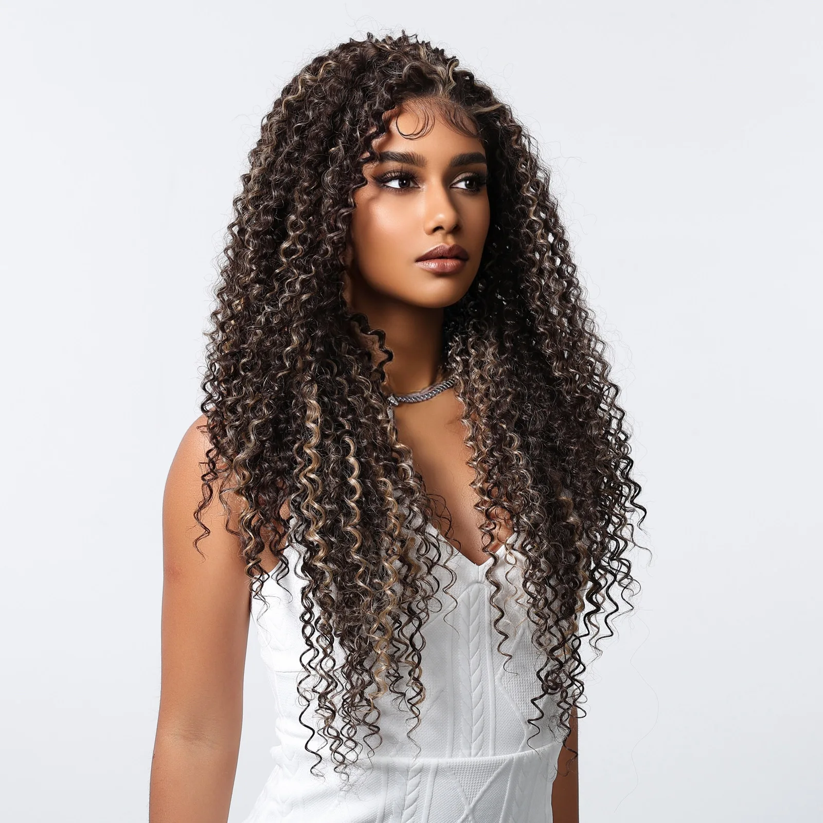 Kinky Curly Wave Lace Front Synthetic Wigs for Balck Women Brown Mixed Blonde Lace Hair Wig Heat Resistant for Daily Cosplay